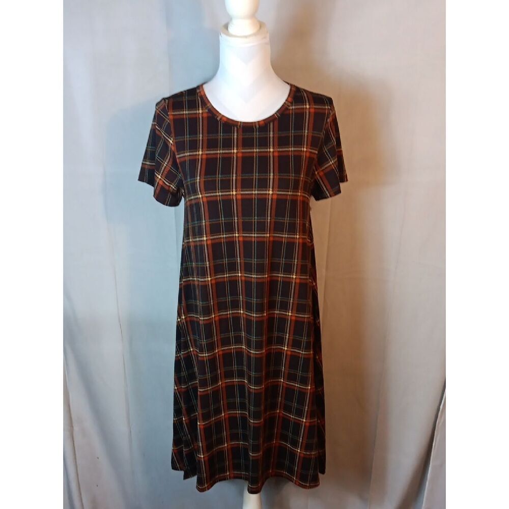 LuLaRoe Plaid Midi Dress in Brown and Orange